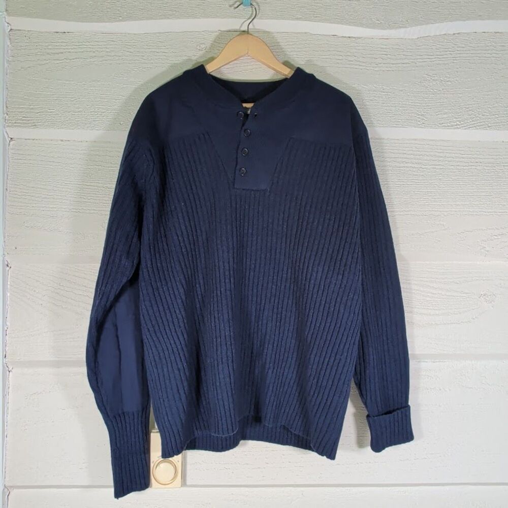 Vintage LL Bean Military Commando Henley Sweater Navy Blue Wool 228198  Men's XL